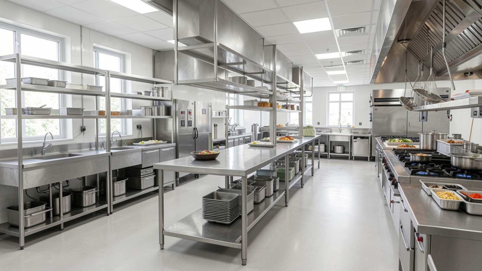 Ciąg technologiczny w profesjonalnej kuchni gastronomicznej ze stanowiskami ze stali nierdzewnej